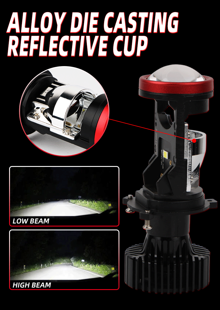 Y7D汽車透鏡H4燈泡LED大燈雙光遠(yuǎn)近一體超亮車燈改裝摩托前照燈3
